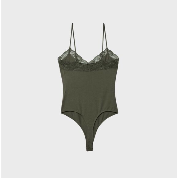 Stradivarius Cotton Bodysuit with Lace Detail in Green NWT - Picture 6 of 13